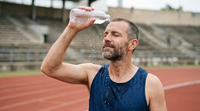 Senior man pouring water on his head to cool down at outdoor running track.