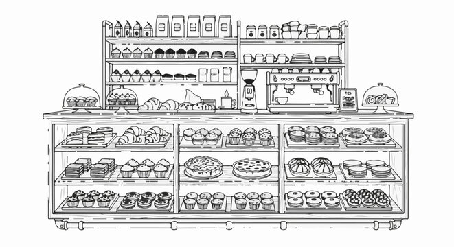 A black and white sketch of a bakery display case filled with pastries and cakes