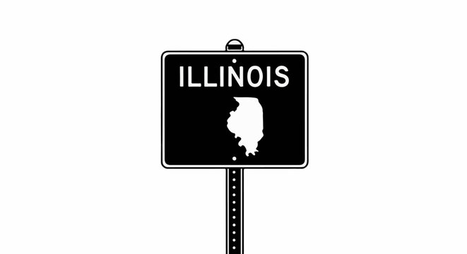 A black and white sign displays the state name and outline of Illinois