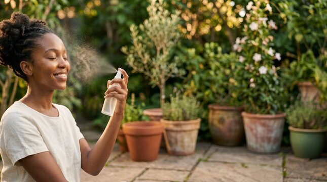 Young African American woman spraying face mist in sunny garden patio.