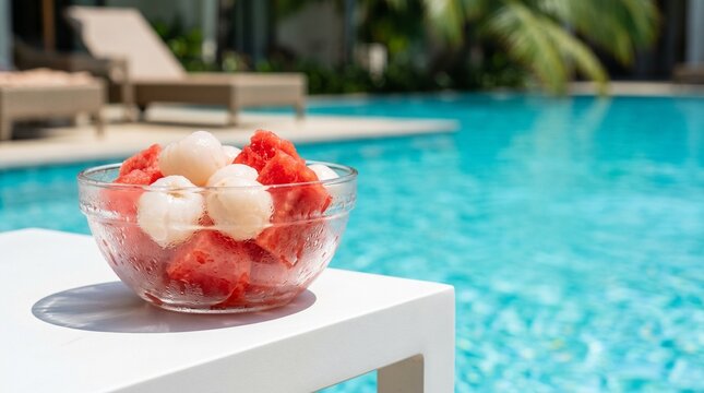 Chilled bowl of watermelon and lychee fruit on table by resort swimming pool