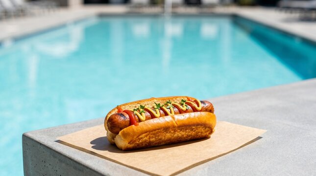Grilled hot dog with mustard and ketchup served by a swimming pool.