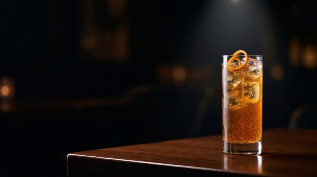 Refreshing alcoholic cocktail with orange garnish on wooden bar counter.
