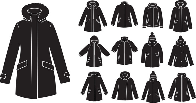 Set of winter coat silhouettes for men and women