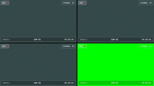 Surveillance Monitor HUD Quad Split Screen with Green Chroma Key and Digital Noise Overlay for Security Camera Effects