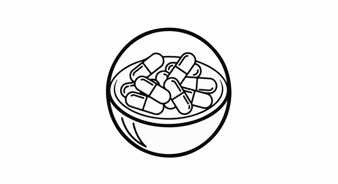 A bowl filled with pills is depicted in a circular outline