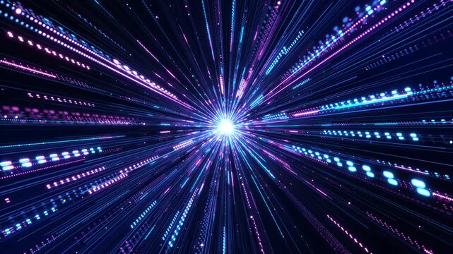 Futuristic digital grid landscape vibrant neon pink lines into. Glowing fiber optic cable network digital information flow binary code dots tech network design shows big data flow internet cyber space