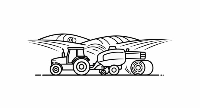 A line art illustration of a tractor and baler in a field with rolling hills