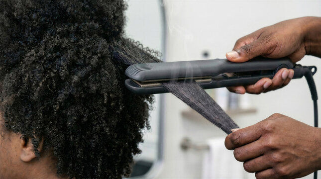 African American woman straightening her curly hair with flat iron  
