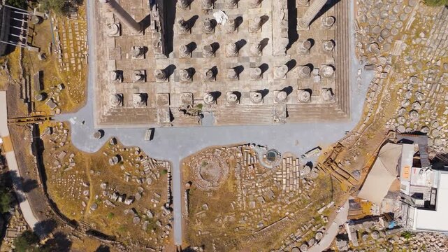 Didim, Turkey. Top down aerial drone view of Apollo Temple at Didyma, geometric pattern of column rows and stone ruins. Aerial View, HEAD OVER SHOT with rotation, MasterShots