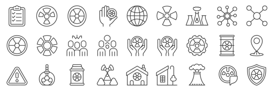 Radiation icon vector, nuclear energy illustration symbols, emitting warning sign concept, nuclear waste logo hazard icons, clean outline style, editable stroke