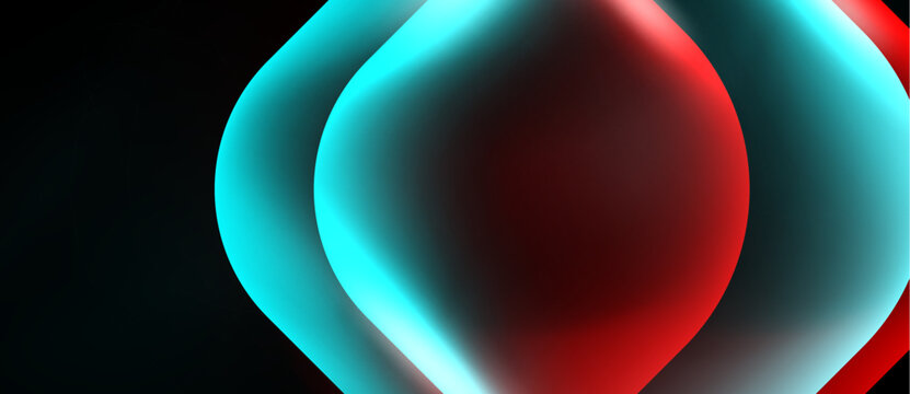 Abstract spheres overlap, creating vibrant color gradients. Teal, red, white blend seamlessly against dark background. Smooth, glowing effect present.