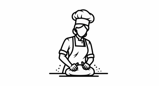 A chef wearing a tall hat and apron kneading dough with flour