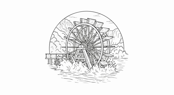A rustic water wheel churns water with surrounding hills and trees