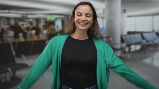 Woman smiling with clenched fists in celebration, wearing green cardigan and black top, standing at busy airport terminal gate with rows of seats; joy.