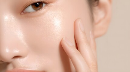 close-up of healthy glowing skin with clear texture and hydration. Radiant asian or korean woman applies moisturizer serum for a beauty routine. smooth dermatology treatment results.