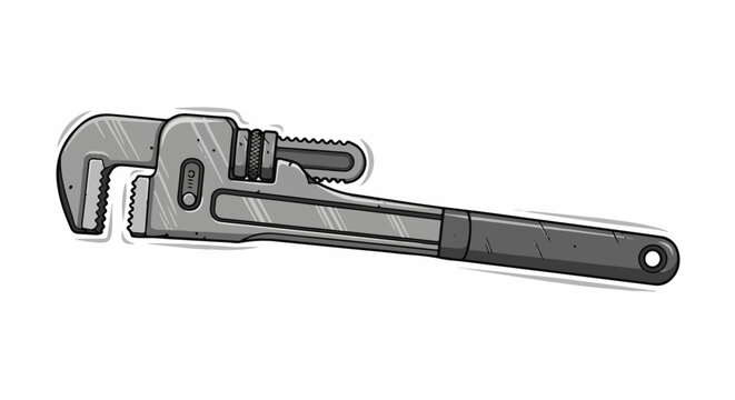A detailed, black and white illustration of a pipe wrench tool on a white background