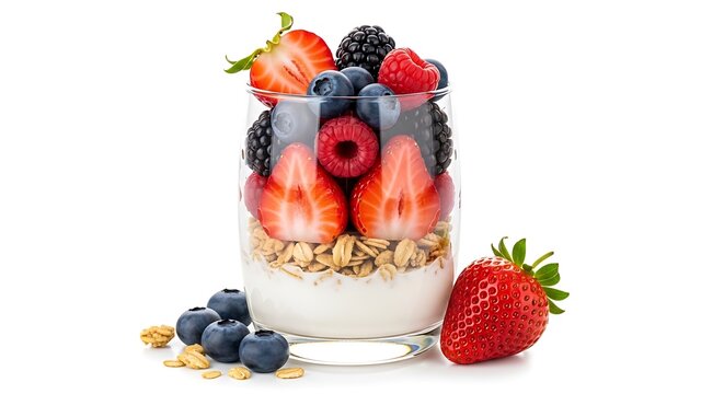 Fresh berry parfait with yogurt, granola, and mixed fruits in a glass