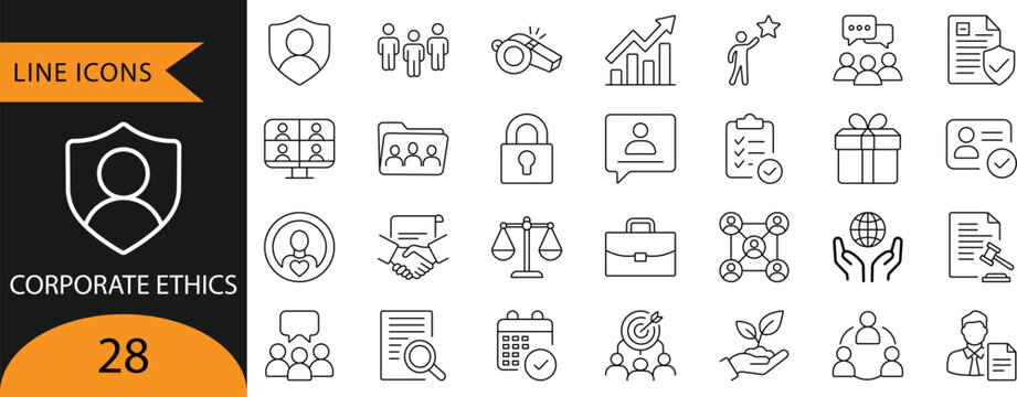 Corporate Ethics, Compliance, Whistleblower and Core Values Line Icon Set

