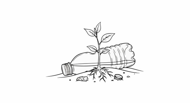 A seedling sprouts from a plastic bottle, with roots anchoring it in soil