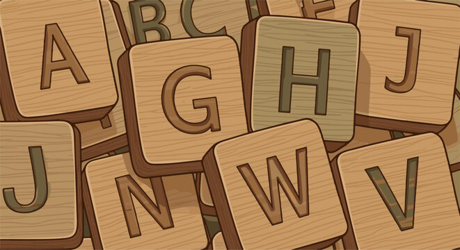 A close-up view of scattered wooden alphabet tiles, some partially obscured