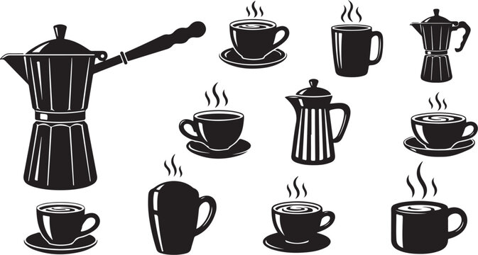 Coffee and espresso silhouettes: cups mugs moka pot steam