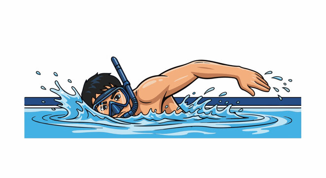 A person swims freestyle with a snorkel and mask in blue water