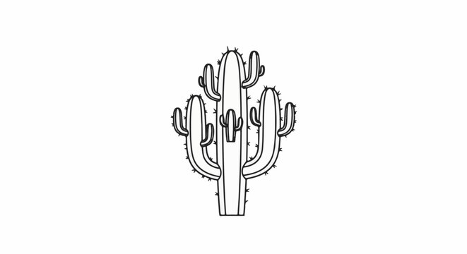 A minimalist, black and white outline of a tall, multi-armed cactus