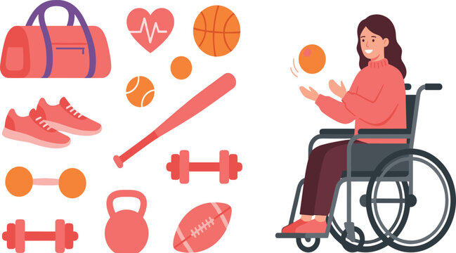 Adaptive Sports and Fitness Icons Set Featuring Woman in Wheelchair Basketball Dumbbells Kettlebell Shoes Heart Activity and Inclusive Training Lifestyle Illustration.