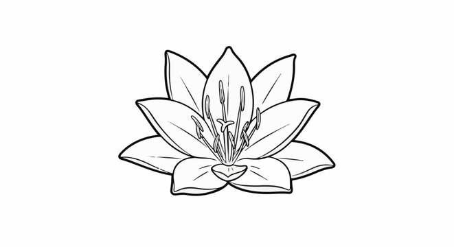 A simple black and white outline drawing of a blooming flower with delicate petals and stamens