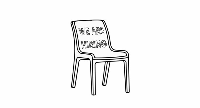 A minimalist line drawing of an empty chair with the words "WE ARE HIRING