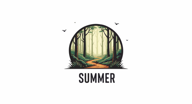 A pixelated forest path leads into a circular frame, with birds flying