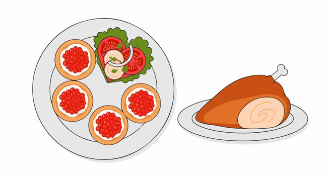 A plate of appetizers and a roasted chicken leg on separate plates