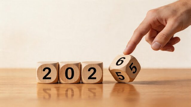 New Year New Beginnings Wooden cubes on a table with the number 2025 hand holding dice turning over from 2024 to 2025