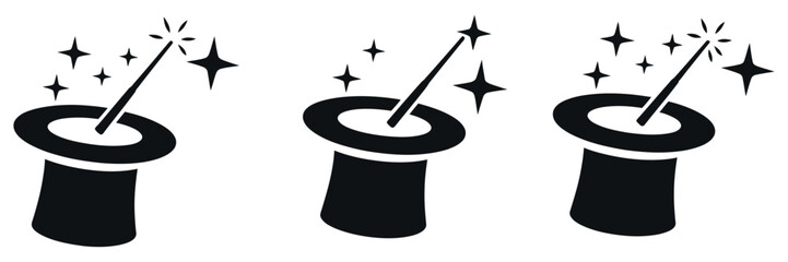 Magician hat and stars icon collection, magic trick and circus symbols in flat and outline vector set for fantasy and entertainment design. © vector jone by luthe