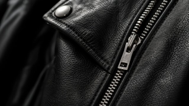 Silver metal zipper and snap button on black leather jacket.