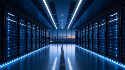 Fototapeta premium High tech data center interior with city skyline view representing global cloud infrastructure, big data processing and digital transformation