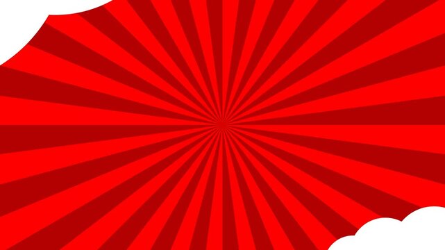 Red Comic Sunburst Radial Rays Transition with Animated Fluffy White Clouds for Pop Art Graphic and Action Manga Backgrounds