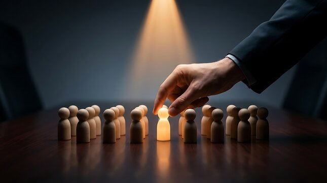 Hand Selecting Glowing Figure From Crowd Of Wooden People Business Leadership Concept