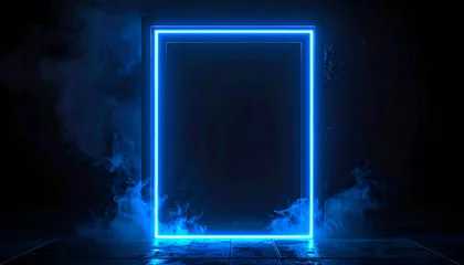 Glowing Blue Neon Rectangle Frame with Smoke Effect. © Es