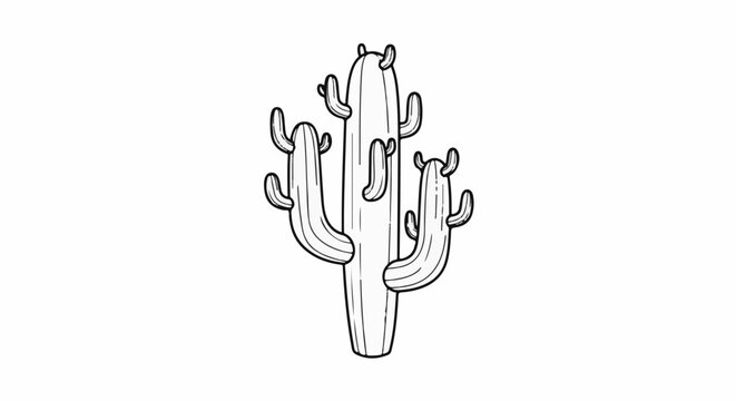 A stark black and white illustration of a tall, multi-armed cactus