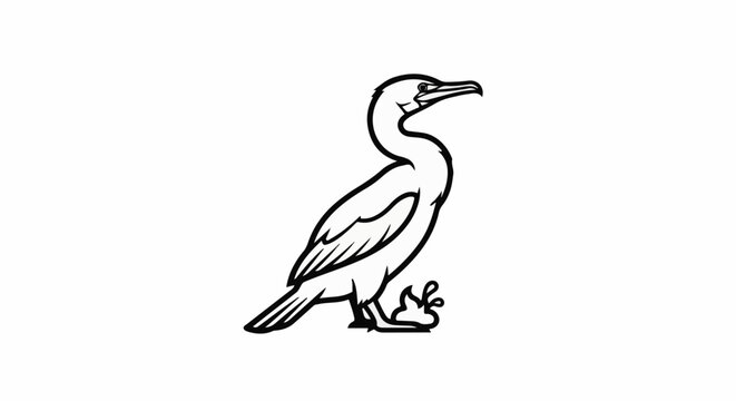 A stark black outline drawing of a seabird with webbed feet stands on white