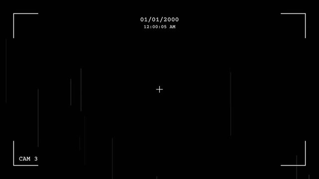 CCTV Security Camera Viewfinder HUD Overlay with Digital Timecode Date and Analog Glitch Effect for Surveillance Video Production