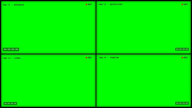 CCTV Security Monitor Quad Split Screen Surveillance Interface with Green Screens and Digital HUD Overlay for Video Monitoring Simulation