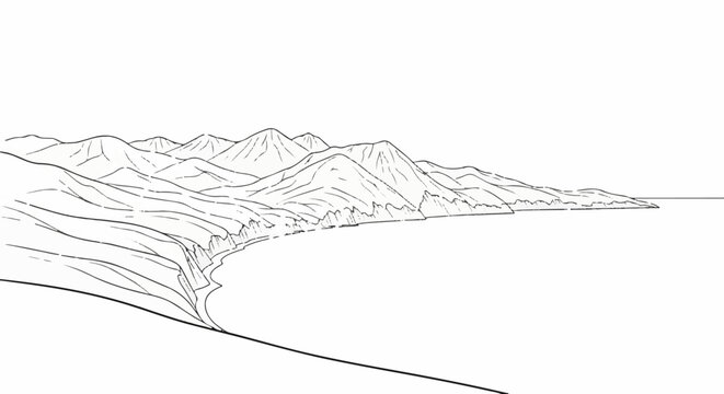 A stark, hand-drawn line art illustration depicts a coastal mountain range meeting the sea
