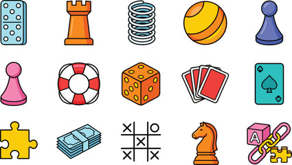 Board Game and Play Icons Set Featuring Dice Cards Chess Pieces Domino Puzzle Ball Lifebuoy Tic Tac Toe and Fun Entertainment Elements Collection. © MstSuborna