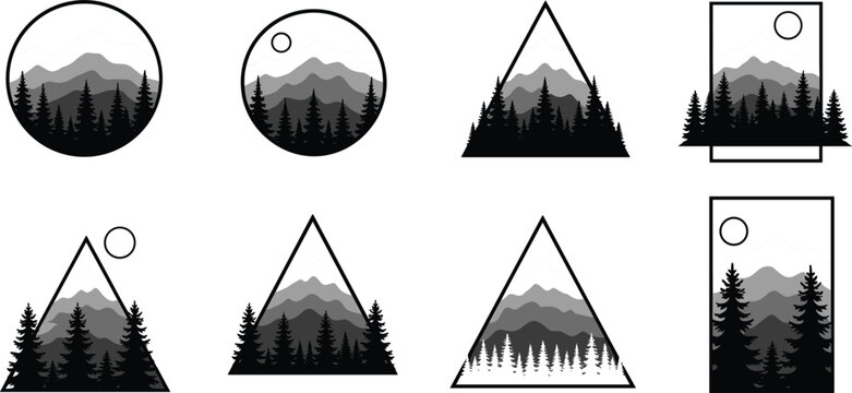 Geometric Mountain and Pine Forest Landscape Badge Set with Triangles Circles and Rectangles for Outdoor Adventure and Camping Logo Designs