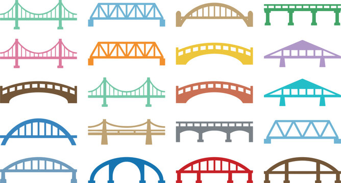 Colorful Bridge Icon Set Featuring Various Designs and Styles for Architecture, Infrastructure, and Engineering Projects