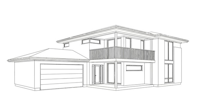 Architectural Design of a Modern Two-Story House with Attached Garage A Detailed Wireframe Blueprint for Download