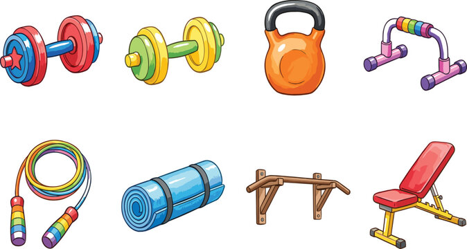 Colorful Gym Equipment Icons Set Featuring Barbell Kettlebell Jump Rope Yoga Mat Parallel Bars Workout Bench and Fitness Training Tools for Exercise Design.